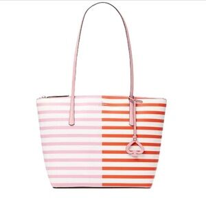 Kate Spade New York Zina Coated Canvas Large Tote Pink Red Stripe Shoulder Bag
